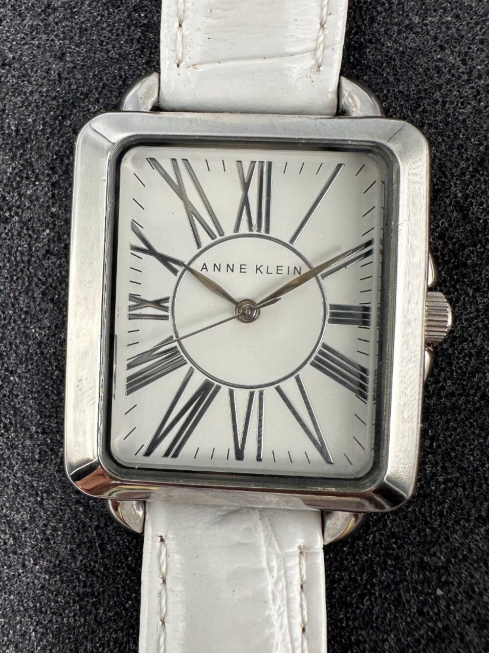 Anne Klein Watch Silver Tone Rectangle Case White Leather Band New Battery